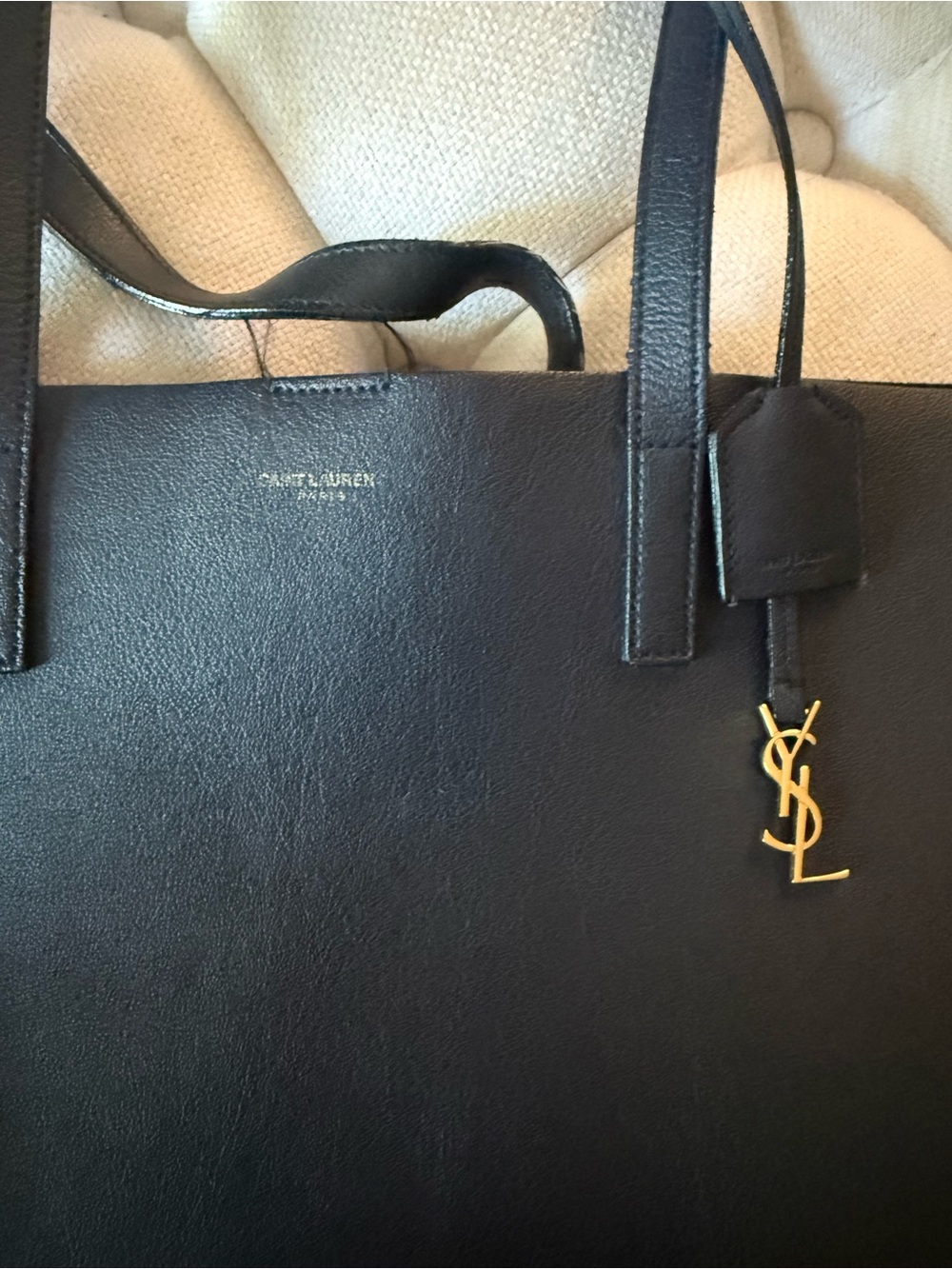 Yves Saint Laurent Navy Leather Shopping Tote with Gold YSL Tag & Inner Clutch - Picture 8 of 11